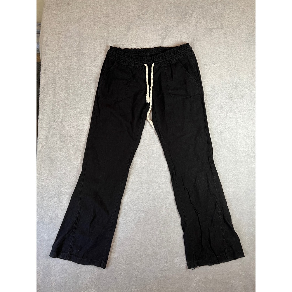 Roxy Womens Black Linen Rope Waist Drawstring Beach Pants Swim Cover Large